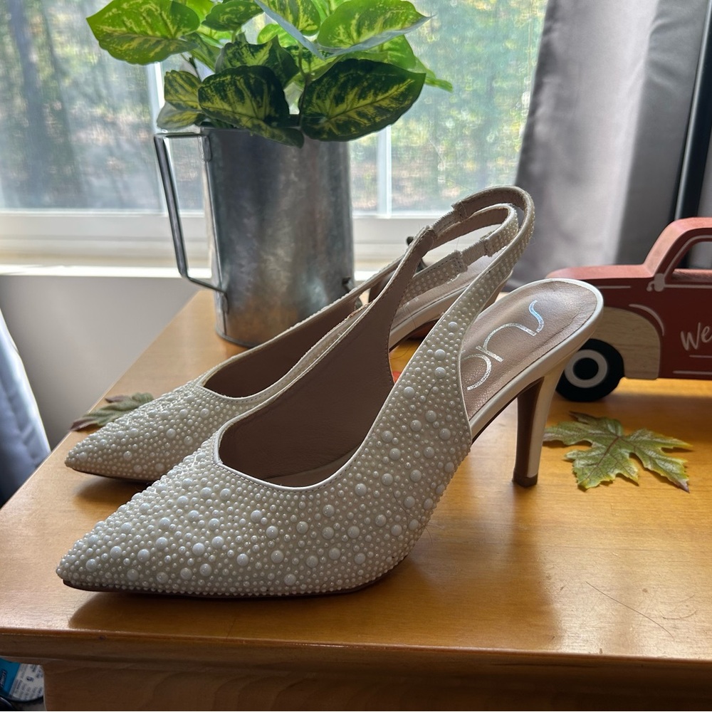 Sugar Cream Pearl-Embellished Slingback Heels